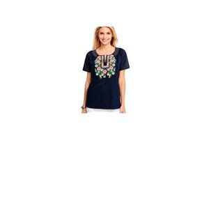 Talbots Petites Navy Heavily Embroidered Floral Blouse M/P Cotton Short Sleeve